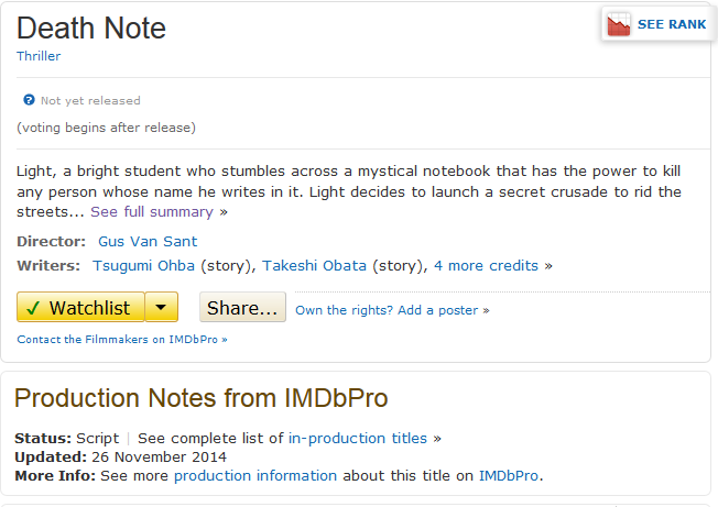 Death Note US movie Nov 2014 update