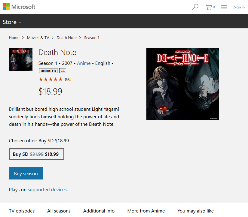 Screenshot of Microsoft Store Death Note page