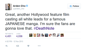 Death Note Arden Cho Tweet Whitewashing