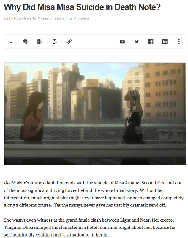 Death Note News article in Feedly