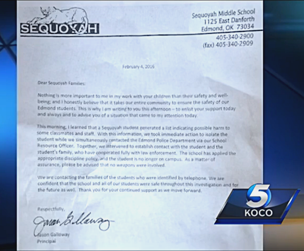 Letter sent to parents from Sequoyah Middle School principal re Death Note initmator Feb 4th 2016