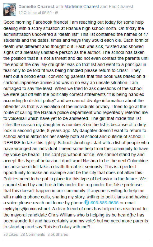 Danielle Charest - Nashua parent Facebook post re Death Note