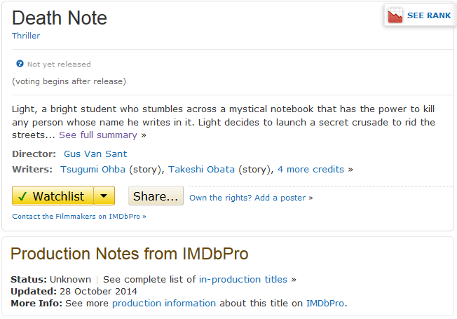 IMDb Death Note US live action movie Oct 2104 update