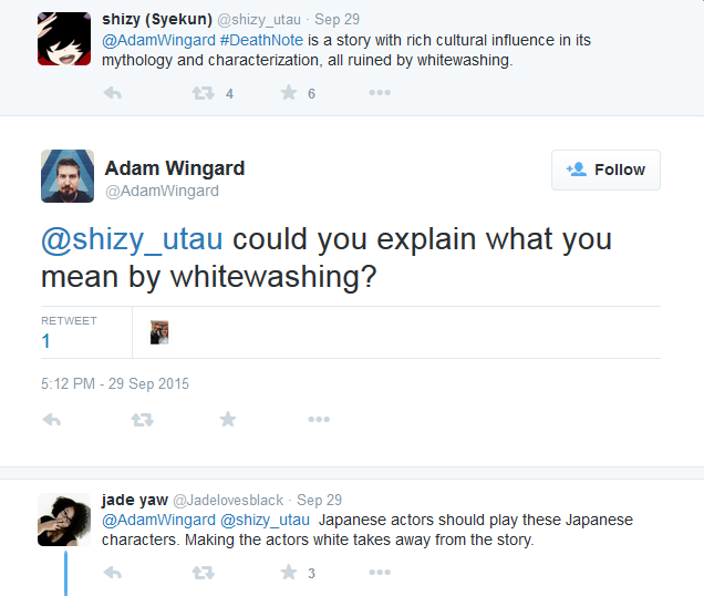 Tweets accusing Adam Wingard of whitewashing Light Yagami 2