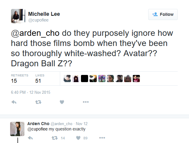 Whitewashing Death Note Arden Cho Tweet
