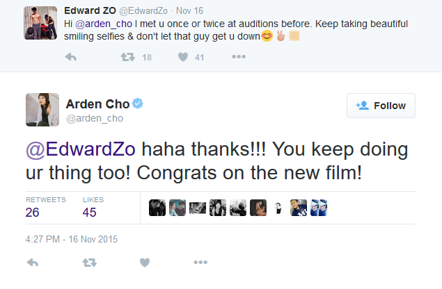 Arden Cho tweets Edward  Zo