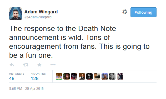 Adam Wingard Death Note Tweet April 29th 2015