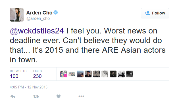 Arden Cho Death Note movie tweet re Asian actors