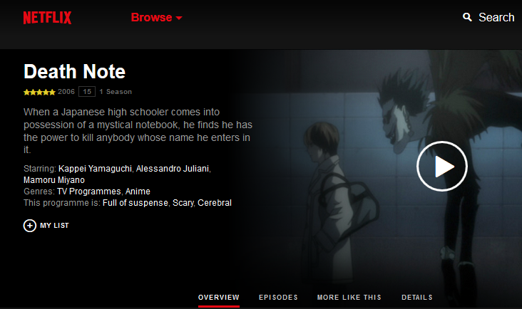 Death Note on Netflx streaming anime