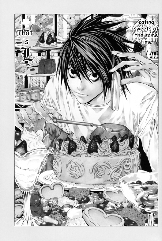 Death Note's L manga drawing with cake