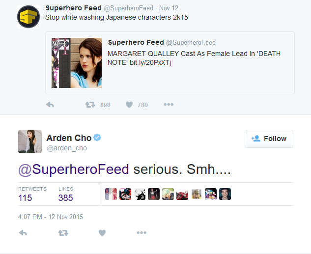 Arden Cho tweets about whitewashing Japanese characters Death Note