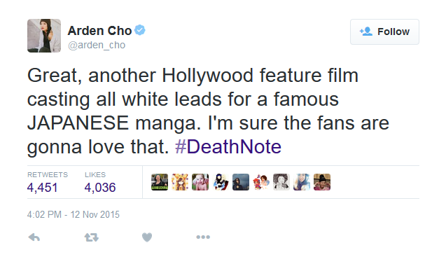 Arden Cho Tweet about Death Note whitewashing